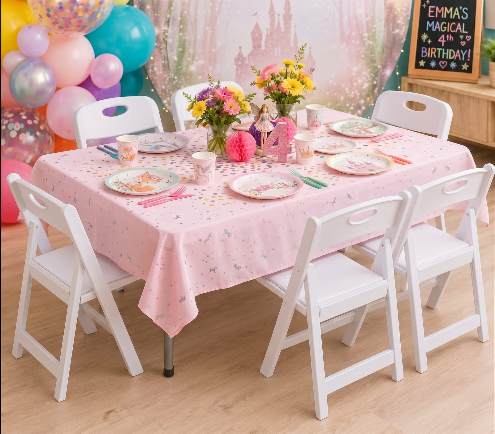 A children's party setting styled for "Emma's Magical 4th Birthday": a kid-sized rectangular table draped in a blush-pink cloth scattered with silver unicorns and pastel confetti, surrounded by six white folding kids' chairs. The table is set with fairy-tale paper plates of foxes, castles and crowns, pastel cups and cutlery, two jars of pink and yellow gerberas, pink honeycomb balls, a glittering number 4 and a fairy figurine, in front of a pastel balloon garland and a dreamy pink castle backdrop.